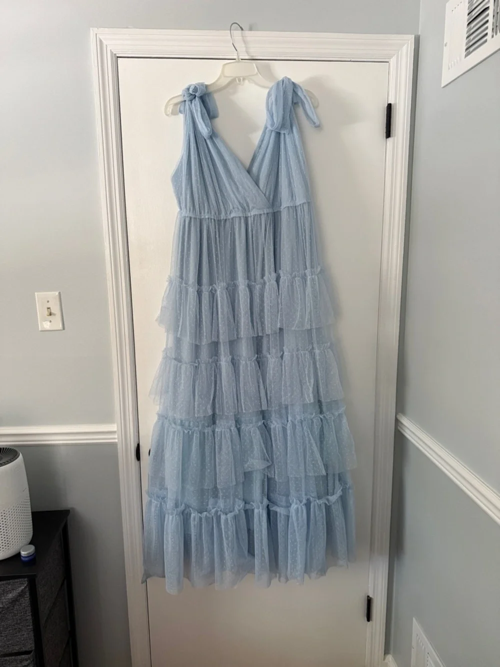 ARULA Soft Powder Blue Ruffled Maxi Dress with Tie Straps - Picture 1 of 2